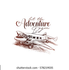 Airliner, aircraft, Realistic Hand Drawn Sketch Vector Background. 