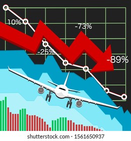 Airliner Aviation Business Transport Tourist Sales Passenger Decrease Graph Bar Arrow. vector illustration..