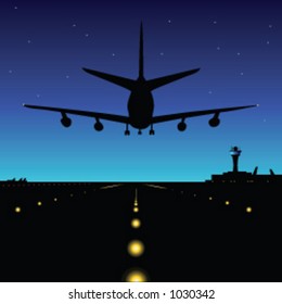 An airliner comes into land in the early hours - vector illustration