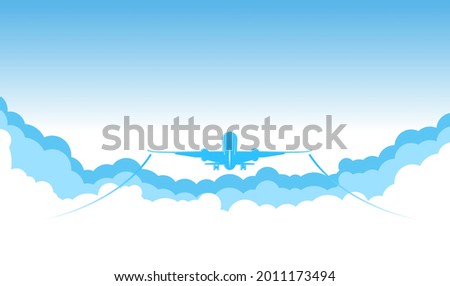 Airliner flies through blue sky with clouds and leaves behind white trail. Vector horizontal banner