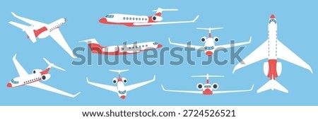 Airliner in flight set. Aeroplane position of flying jet. Business air transport, viewed from above. Aircraft front angle. Vector passenger service in sky, cartoon flat style isolated illustration