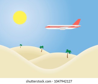 Airliner flying in the blue sky with the sun shining over a tropical landscape with sand and palm trees - vector, suitable for advertising on holiday