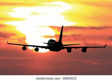 airliner flying into a sunset svg