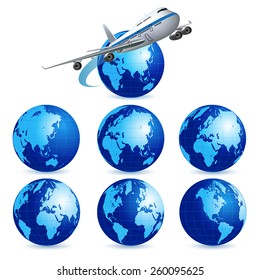 Airliner with a globe on the white background. Vector illustration