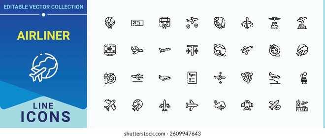 Airliner icon pack. Contain linear sign flight, plane, aviation, landing, air and more. Airplane linear icon collection. Line symbol and sign. Pixel perfect. Editable vector.
