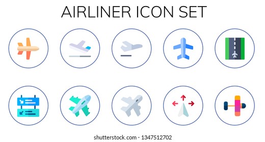 airliner icon set. 10 flat airliner icons.  Collection Of - aeroplane, departures, plane, departure, aviation, runway