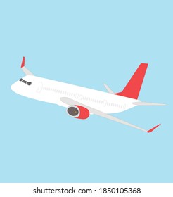 Airliner jet airplane with white and red color isolated on blue background