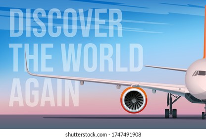 Airliner on a airfield. View of the wing and engine of a long-range passenger aircraft. Vector illustration