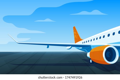 Airliner on a airfield. View of the wing and engine of a long-range passenger aircraft. Vector illustration