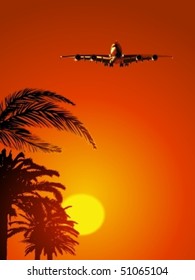 Airliner on sunset sky
