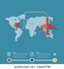 Airliner on world map background. Flat design illustration.