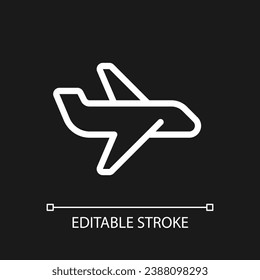 Airliner pixel perfect white linear ui icon for dark theme. Flight. Commercial airplane. Vector line pictogram. Isolated user interface symbol for night mode. Editable stroke. Arial font used