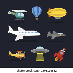 Airliner, plane, helicopter, blimp, fighter bomber, UFO, Space rocket. Vector illustration in Cartoon style, for kids