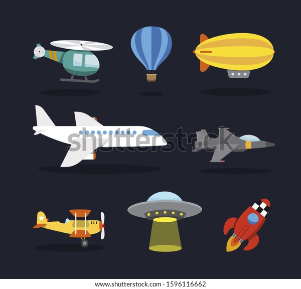 Airliner, plane,\
helicopter, blimp, fighter bomber, UFO, Space rocket. Vector\
illustration in Cartoon style, for\
kids
