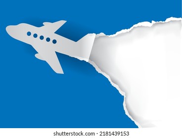 
Airliner ripping paper, advertisement background.
Paper silhouette of airplane tearing blue paper. Original Banner template. Place for your text or image. Vector available.