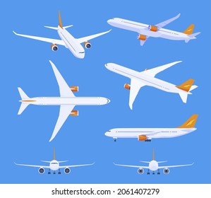 Airliner set vector flat illustration. Collection flying airplane side, front and back view. Cargo passenger avia transportation with wings. Modern jet vehicle for business, vacation travel adventure