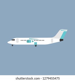 Airliner transportation journey white plane side view. Tourist travel airbus vector flat