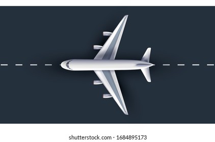 Airliner view from above, realistic 3d plane. passenger plane on runway, high detailed 3d airliner