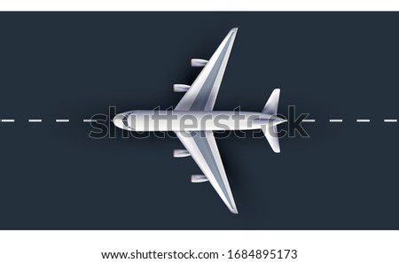 Airliner view from above, realistic 3d plane. passenger plane on runway, high detailed 3d airliner
