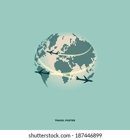 Airliners On World Map Background, Retro Poster. Flat  Design