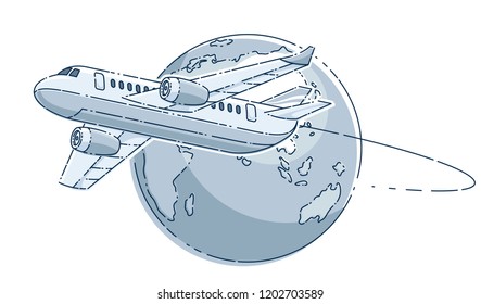 Airlines air travel emblem or illustration with plane airliner and planet earth. Beautiful thin line vector isolated over white background.