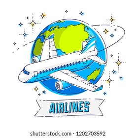 Airlines air travel emblem or illustration with plane airliner, planet earth and ribbon with typing. Beautiful thin line vector isolated over white background.
