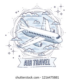 Airlines air travel emblem or illustration with plane airliner and round shape. Beautiful thin line vector isolated over white background.
