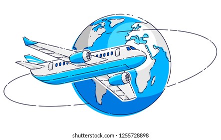 Airlines air travel emblem or illustration with plane airliner and planet earth. Beautiful thin line vector isolated over white background.