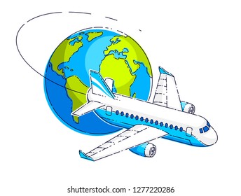 Airlines air travel emblem or illustration with plane airliner and planet earth. Beautiful thin line vector isolated over white background.