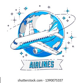 Airlines air travel emblem or illustration with plane airliner, planet earth and ribbon with typing. Beautiful thin line vector isolated over white background.