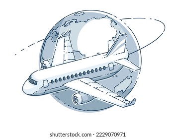 Airlines air travel emblem or illustration with plane airliner and planet earth. Beautiful thin line vector isolated over white background.