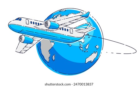 Airlines air travel emblem or illustration with plane airliner and planet earth. Beautiful thin line vector isolated over white background.