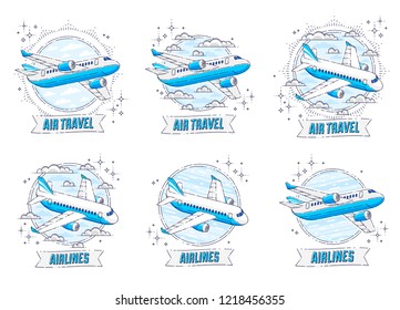 Airlines air travel emblems or illustrations with plane airliner, round shape and ribbon with typing. Beautiful thin line vectors set isolated over white background.