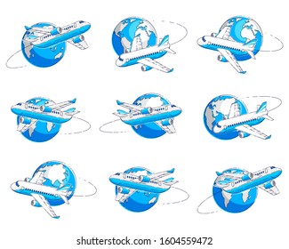 Airlines air travel emblems or illustrations with plane airliner and planet earth. Beautiful thin line vectors set isolated over white background.