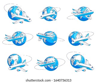 Airlines air travel emblems or illustrations with plane airliner and planet earth. Beautiful thin line vectors set isolated over white background.