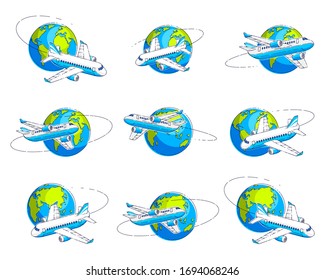 Airlines air travel emblems or illustrations with plane airliner and planet earth. Beautiful thin line vectors set isolated over white background.