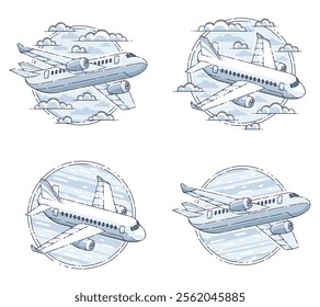 Airlines air travel emblems or illustrations with plane airliner and round shape. Beautiful thin line vectors set isolated over white background.