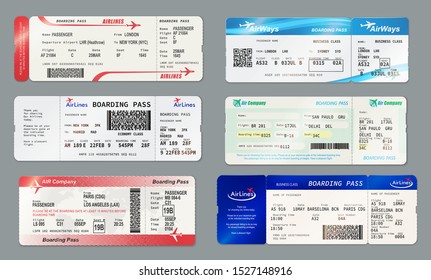 Plantillas de tarjetas de embarque y billetes de avión de las compañías aéreas. Vector de aire permite la admisión en vuelo con código de barras o código QR, fecha y lugar de asiento. Viaje por documento de avión, transporte aéreo