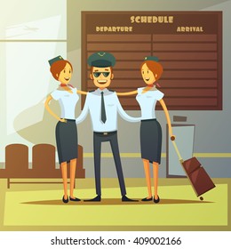 Airlines cartoon background with pilot and stewardess in airport hall vector illustration