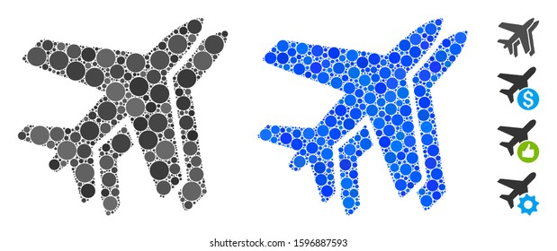 Airlines composition of circle elements in variable sizes and color tinges, based on airlines icon. Vector circle elements are combined into blue illustration.