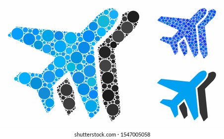 Airlines composition of filled circles in various sizes and color tones, based on airlines icon. Vector small circles are composed into blue composition.