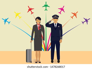 Airlines With Flight Crew Draw In Cartoon Vector