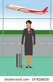 Airlines With Flight Crew Draw In Cartoon Vector