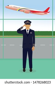 Airlines With Flight Crew Draw In Cartoon Vector