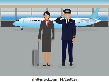 Airlines With Flight Crew Draw In Cartoon Vector