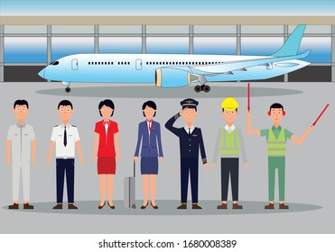 airlines ground service staff and airlines flight crew drawing in vector