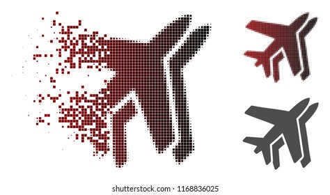 Airlines icon in dissolved, dotted halftone and undamaged entire versions. Elements are organized into vector disappearing airlines icon.