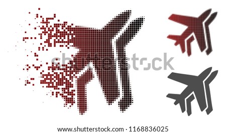 Airlines icon in dissolved, dotted halftone and undamaged entire versions. Elements are organized into vector disappearing airlines icon.