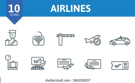 Airlines icon set. Collection contain takeoff, landing, around the world, parking, paid, parking, airport, tower, runway, helicopter, airplane, seat, baggage and over icons. Airlines elements set