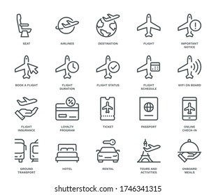 Airlines Icons,  Monoline concept
The icons were created on a 48x48 pixel aligned, perfect grid providing a clean and crisp appearance. Adjustable stroke weight. 

